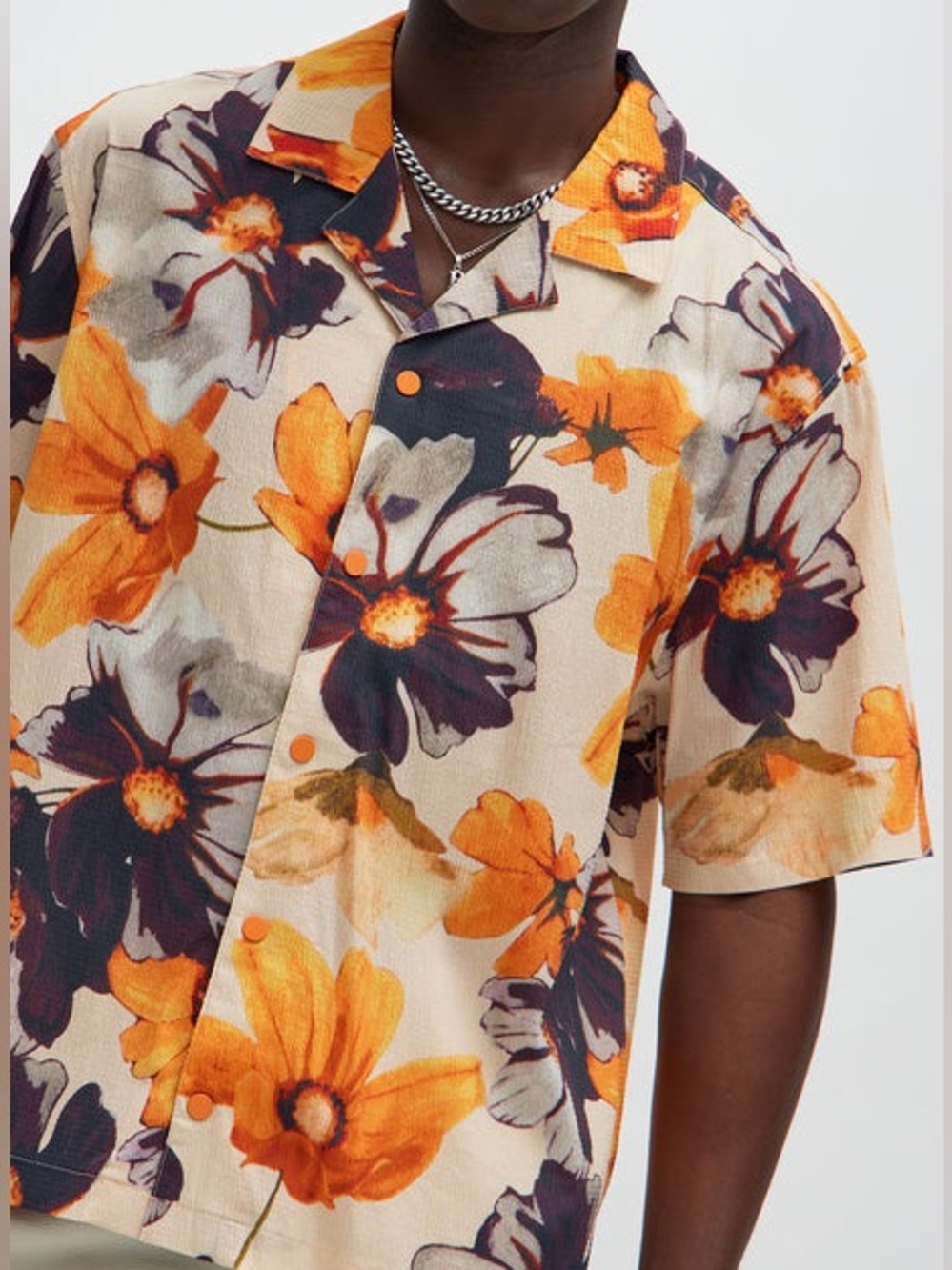 Forever 21 Men's Orange & Cream Floral Button-Down Shirt